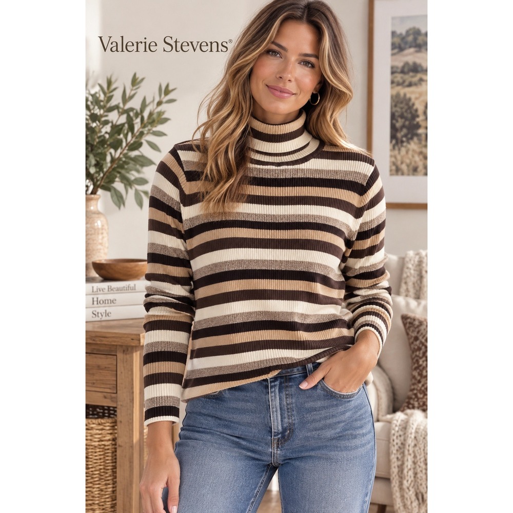Valerie Stevens Casual Brown Striped Cotton Turtleneck Sweater Womens Medium
